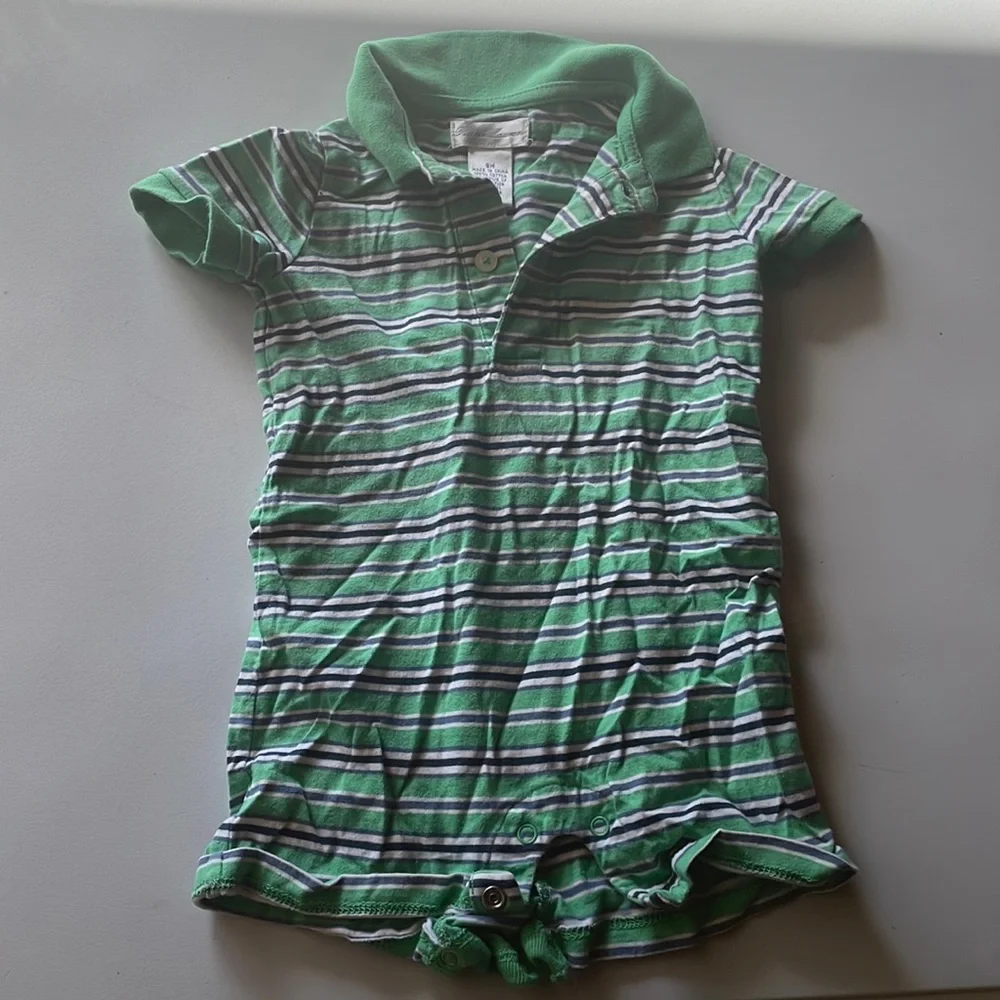 Ralph Lauren size 9 month, onesie, shorts, green, and blue, striped orange polo